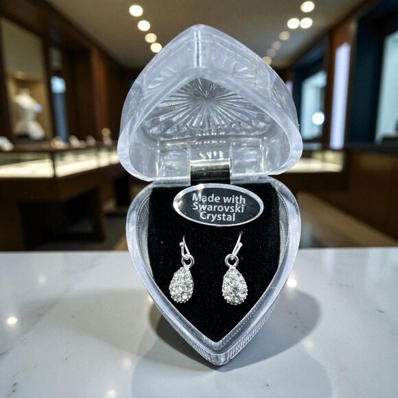 Swarovski Crystal Teardrop Earrings Silver Holiday Gift Sparkle Glam Christmas - Picture 1 of 6